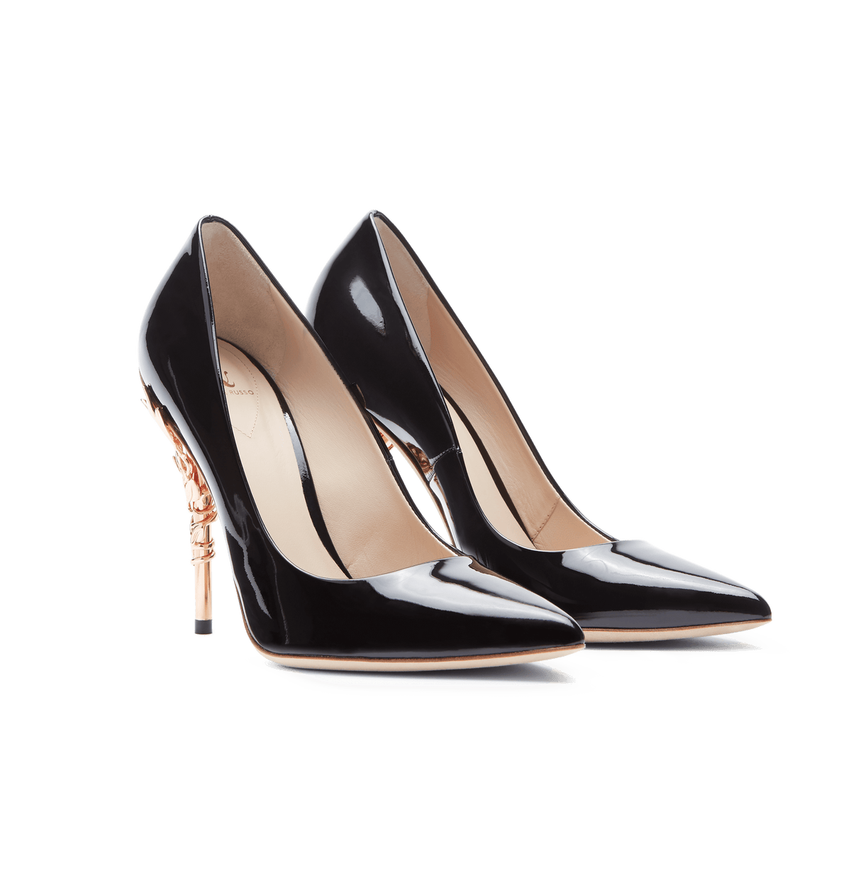 Black Patent Leather Eden Heels with Rose Gold Leaves